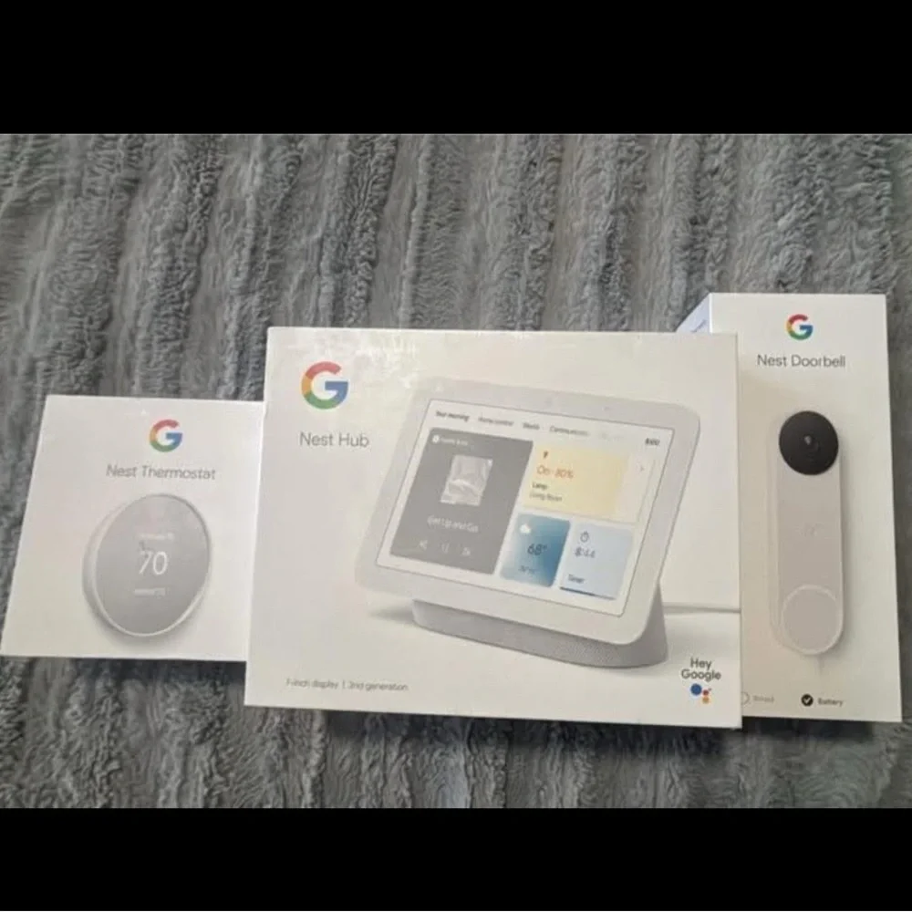 Google Nest Hub, Thermostat, and Doorbell - White